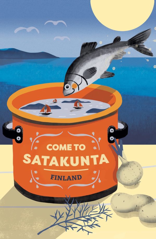 Reseaffisch Finland som heter “Come to Satakunta by Minna Viitalähde”, tryckt på ett postkort.