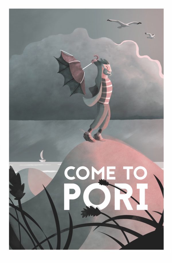 Postcard of Pori, man with umbrella