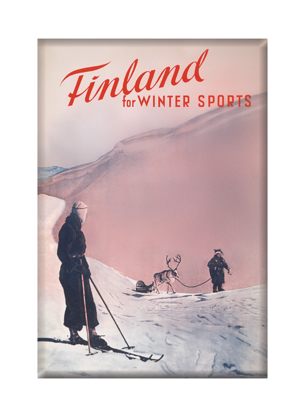 Suomalainen matkailujuliste nimeltään “Finland for wintersports - In Pink” painettuna jääkaappimagneetille.