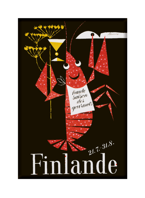 Finland travel poster named “The Crayfish Season by Erik Bruun” printed as a fridge magnet.