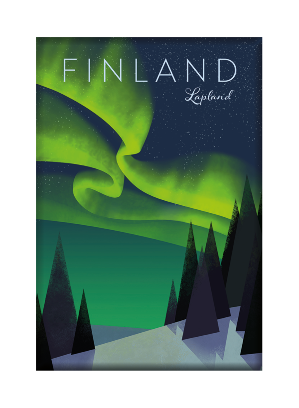 Finland travel poster named “Home of the Northern Lights” printed as a fridge magnet.