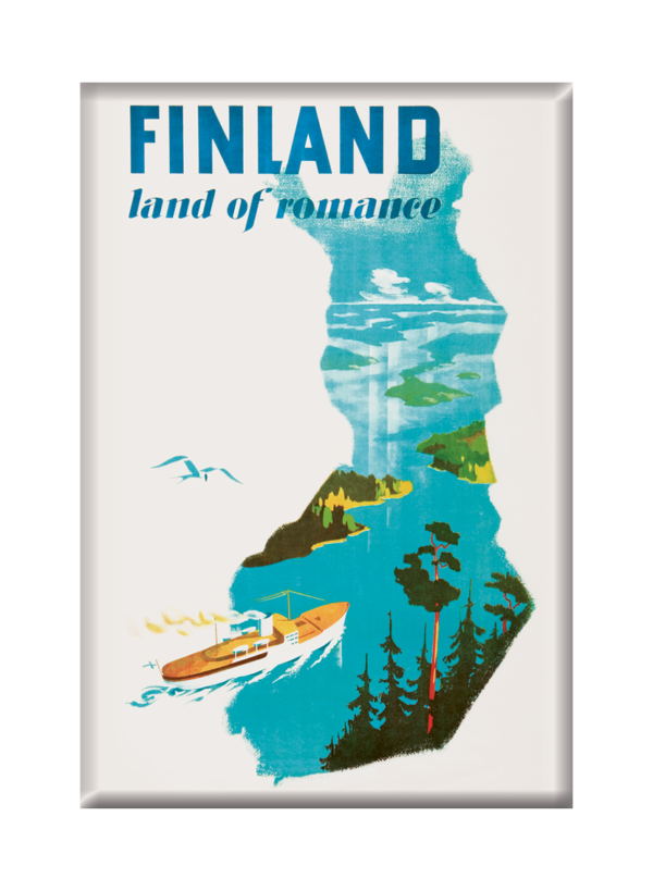 Reseaffisch Finland som heter “Land of romance”, tryckt på en kylskåpsmagnet.