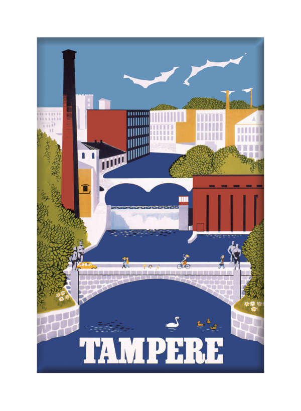 Suomalainen matkailujuliste nimeltään “Tampere by Christianson” painettuna jääkaappimagneetille.