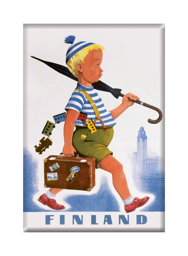 Finland travel poster named “The umbrella guy” printed as a fridge magnet.