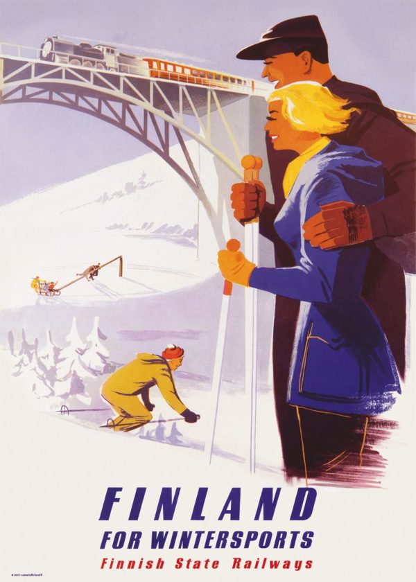 Vintage Finland affisch som heter “Järnvägsbron – Finland for wintersports”, i storlek 50x70 cm.