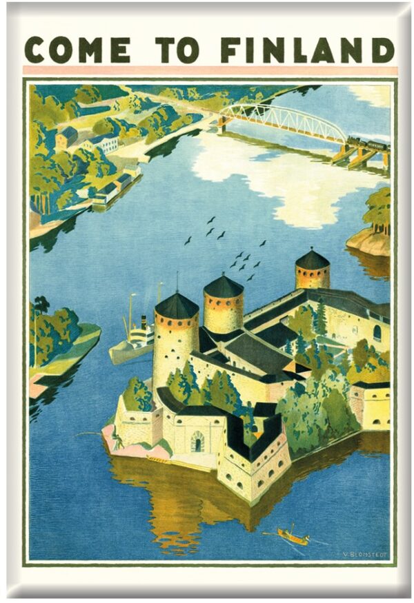Finland travel poster named “Olavinlinna by Väinö Blomstedt” printed as a fridge magnet.