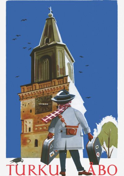 Postcard of Turku, man with suitcases