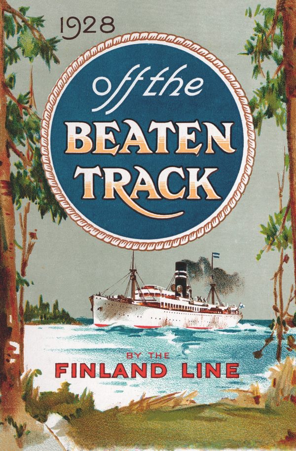 Reseaffisch Finland som heter “Off the Beaten Track 1928”, tryckt på ett postkort.