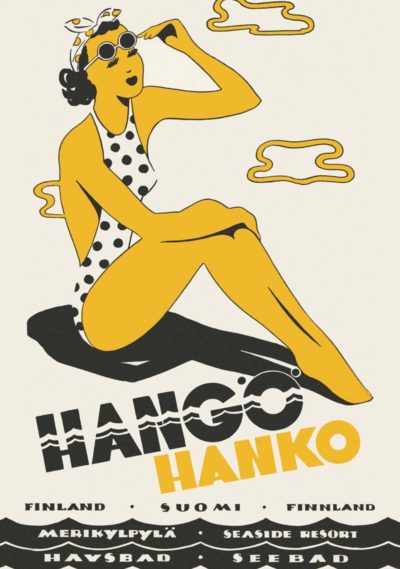 Postcard of Hanko, woman sitting on beach