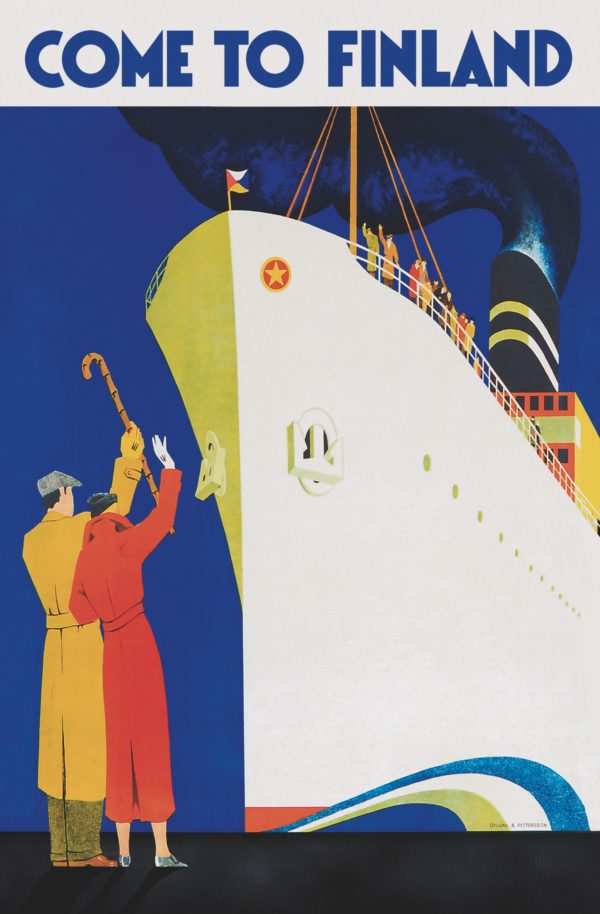 Postcard of Finland, people waving at ship