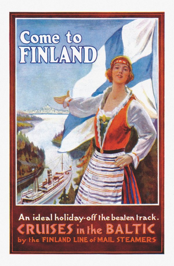 Reseaffisch Finland som heter “Come to Finland – Finlands mö”, tryckt på ett postkort.