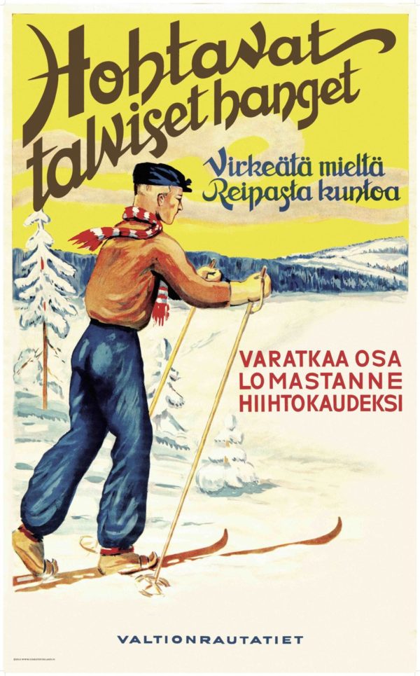 Vintage Finland reseaffisch med tema “Hohtavat talviset hanget”, i storlek 70x100 cm.