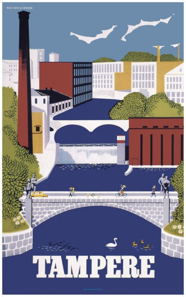 Suomalainen vintage matkailujuliste nimeltään “Tampere by Christianson”, koko: 70x100 cm