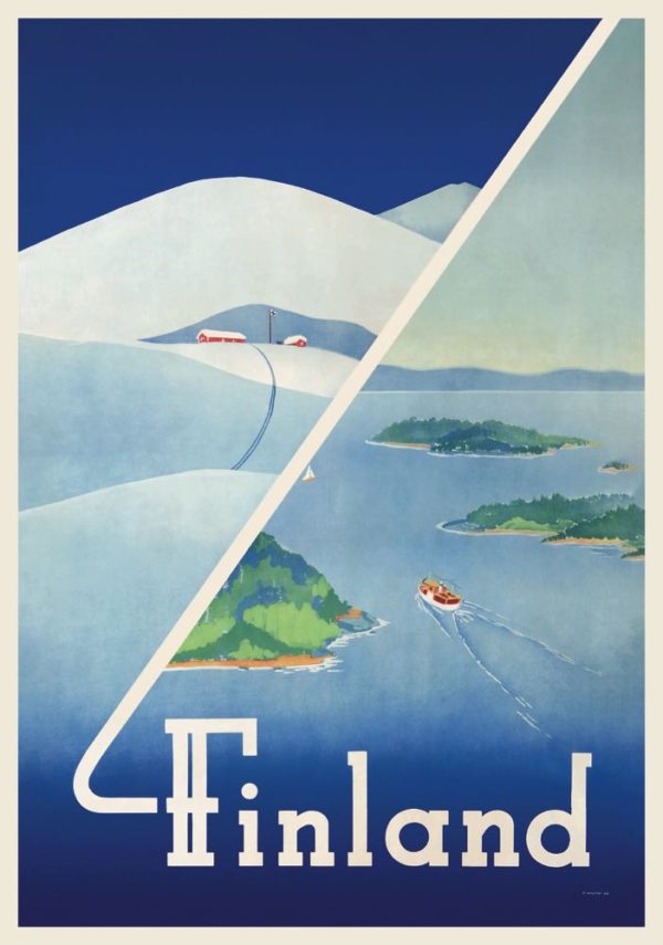 Suomalainen vintage matkailujuliste nimeltään “Finland: Talvi-kesä”, koko: 70x100 cm