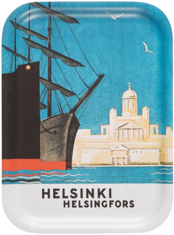 Suomlainen matkajuliste painettu puiselle tarjottimelle, nimeltään “The Gateway to Finland”.