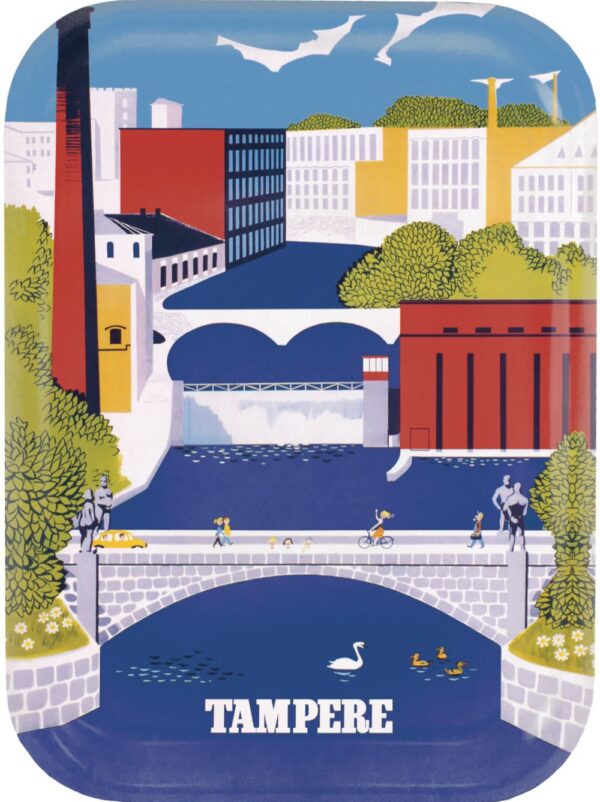 Finland travel poster printed on wooden tray, named “Tampere by Christianson”