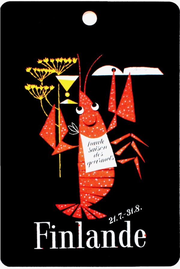 Finland travel poster printed on a wooden serving platter, named “The Crayfish Season by Erik Bruun”