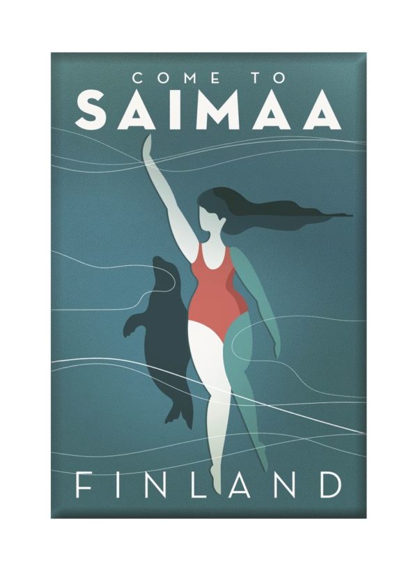 Suomalainen matkailujuliste nimeltään “Come to Saimaa by Sanna Ahola” painettuna jääkaappimagneetille.