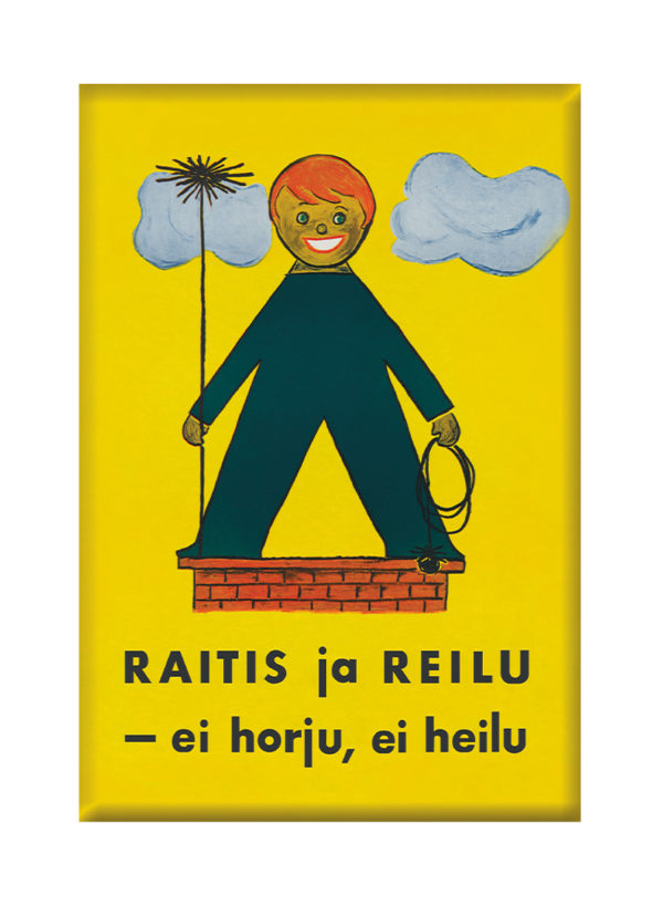 Reseaffisch Finland som heter “Raitis ja Reilu”, tryckt på en kylskåpsmagnet.