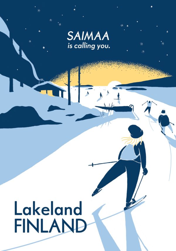 Postcard of Saimaa, people skiing