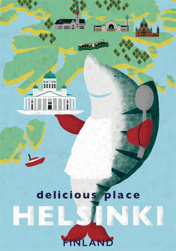 Suomalainen matkailujuliste nimeltään “Delicious place Helsinki by Natsuki Nakamura”, koko: 50x70 cm