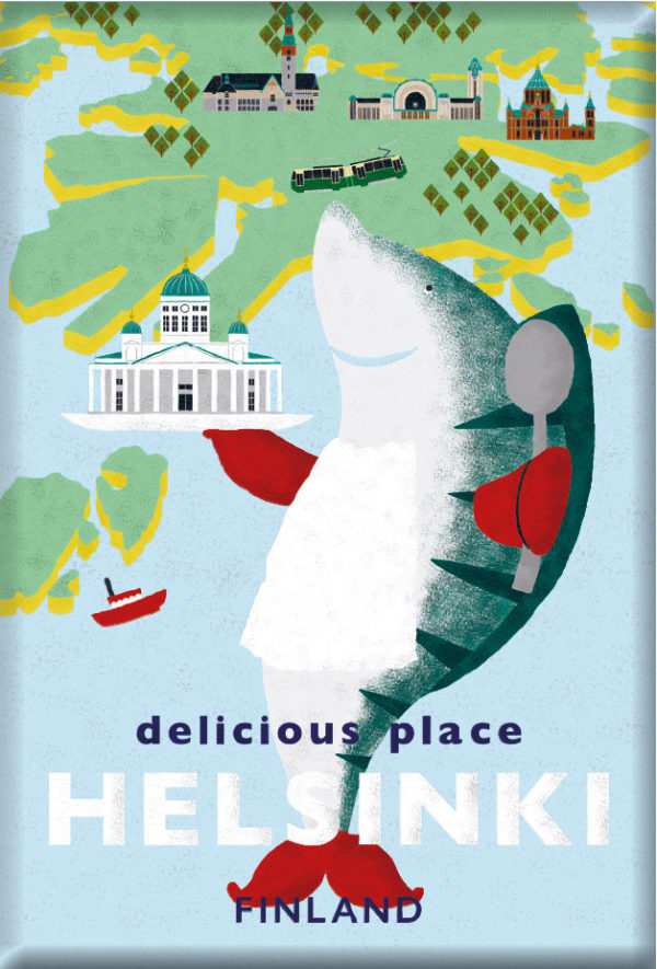 Suomalainen matkailujuliste nimeltään “Delicious place Helsinki by Natsuki Nakamura” painettuna jääkaappimagneetille.