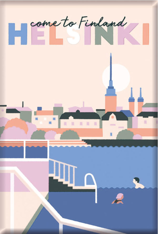 Reseaffisch Finland som heter “Come to Helsinki by Jolanda Kerttuli”, tryckt på en kylskåpsmagnet.