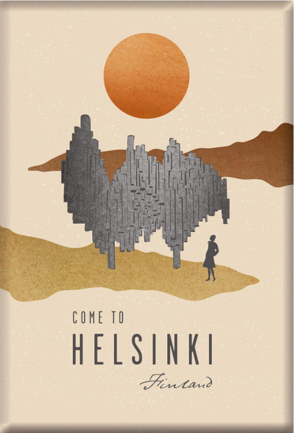 Reseaffisch Finland som heter “Modern Helsinki by Henna Gaus”, tryckt på en kylskåpsmagnet.