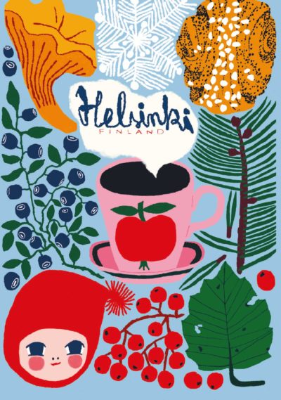 Postcard of coffee and blueberries in Helsinki