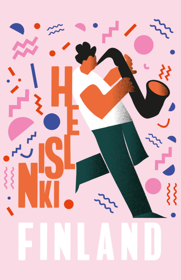 Suomalainen matkailujuliste nimeltään “Helsinki Loves Jazz by Jenni Leivo” postikorttina.