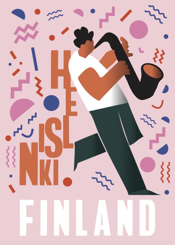 Modern Finland travel poster named “Helsinki Loves Jazz by Jenni Leivo” in size 50x70 cm.