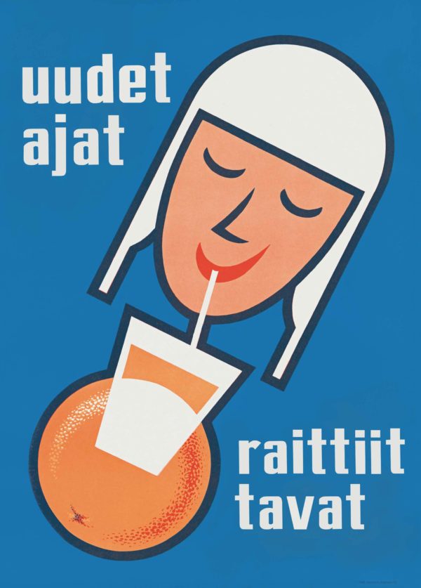 Reseaffisch Finland som heter “Uudet ajat – Raittiit tavat”, tryckt på ett postkort.