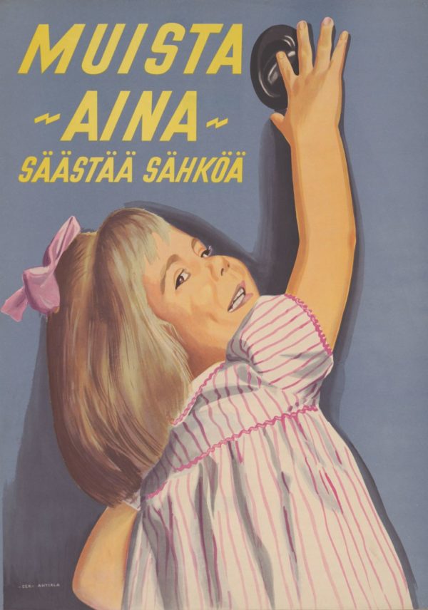 Reseaffisch Finland som heter “Muista aina säästää sähköä”, tryckt på ett postkort.