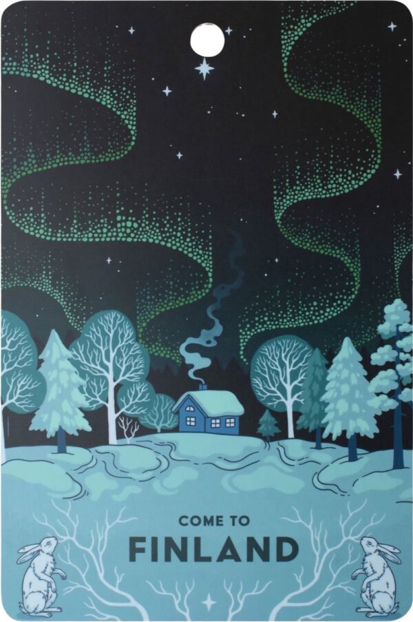 Finland travel poster printed on a wooden serving platter, named “Northern Lights Over the Cottage by Tiina Jatkola”