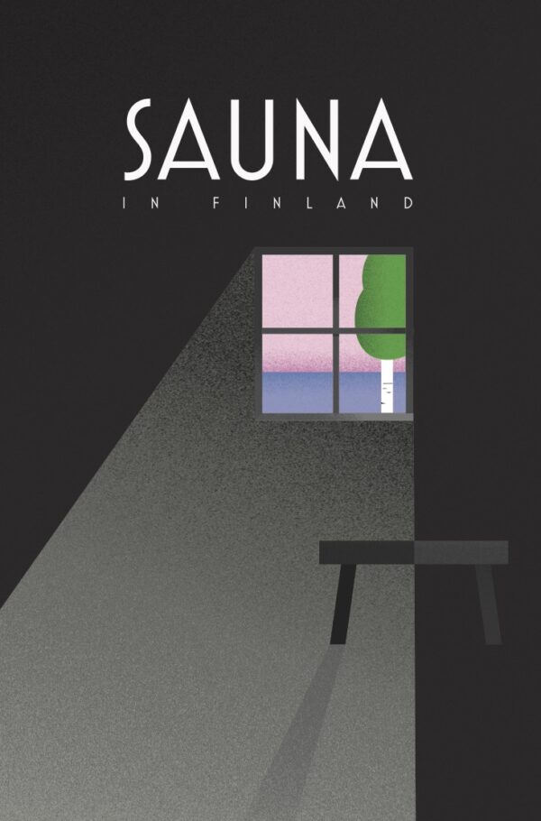 Suomalainen matkailujuliste nimeltään “Sauna view by Jenni Saukkonen” postikorttina.