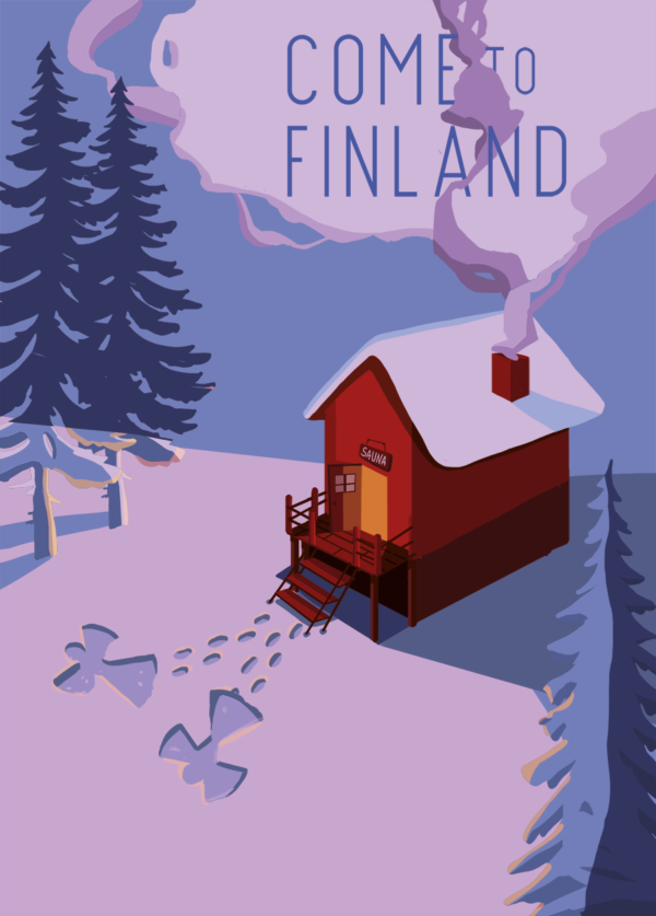Modern Finland travel poster named “Rolling in the snow by Greta Cappellini” in size 50x70 cm.