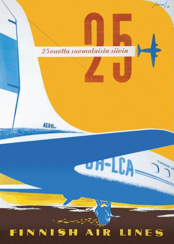 Vintage Finland travel poster named “Finnish Air Lines 25 yrs” in size 50x70 cm.