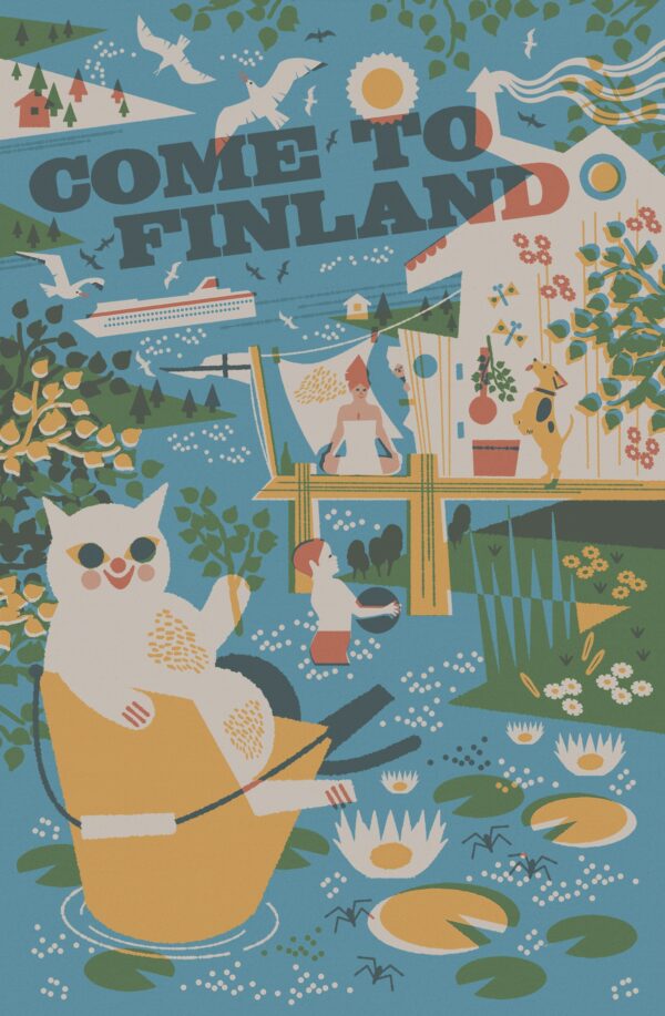 Reseaffisch Finland som heter “Sauna in Summer by Christina Hägerfors”, tryckt på ett postkort.
