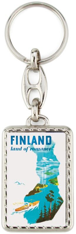 Nyckelring med en Finland reseaffisch som heter “Land of romance”.