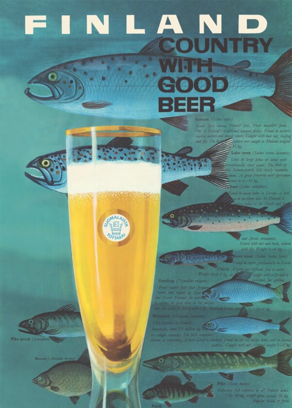 Vintage poster with a glass of Finnish beer and a selection of Finnish fish