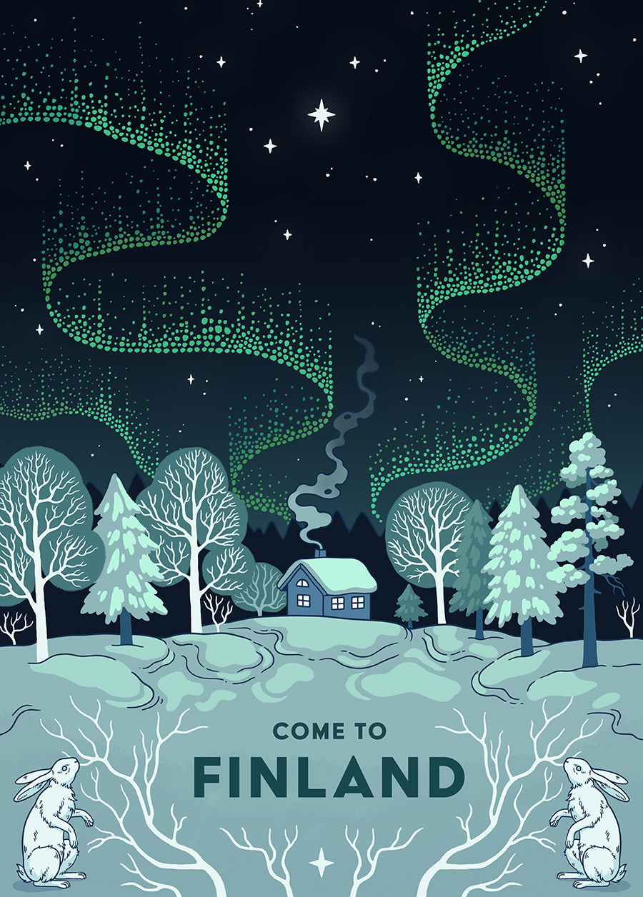Tiina Jatkola_Poster_NorthernLightsOverTheCottage_lowres Modern Finland travel poster named “Northern Lights Over the Cottage by Tiina Jatkola” in size 50x70 cm.