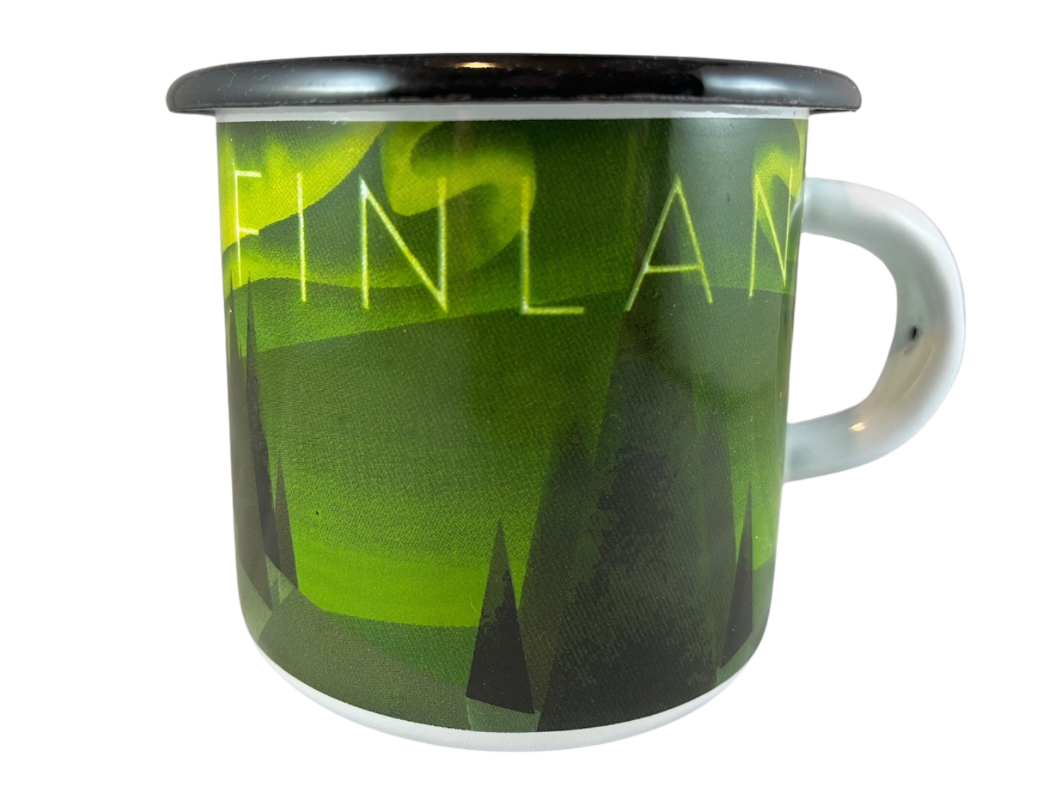 Enamel MUG-2227 Come to Finland Northern Lights_front Muminkort i trä som heter “Home of the Northern Lights”.